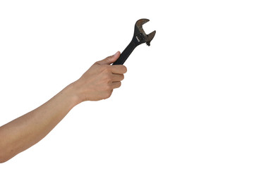 Hand with adjustable wrench isolated on white background
