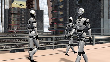 I-Robots  Human Robots in front of a futuristic City