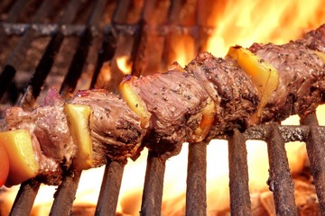 BBQ Beef Kebab On The Hot  Flaming Grill