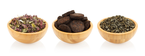 Assortment of tea. Puer, herbal tea, Jen Shen Wu Long