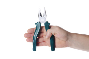 Pliers in a man's hand  isolated on white