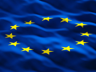 3d image of a blue european union flag with yellow stars. nobody around. moving waves.