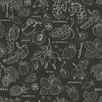 Vector seamless pattern with berries on dark background
