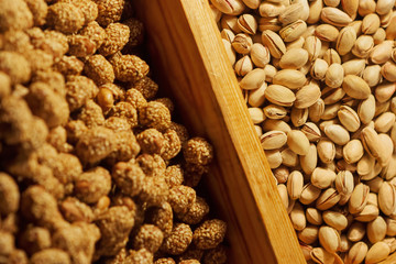 Delicious pistachios and peanuts on market place