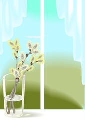 Pussy willow branches in glass vase and window