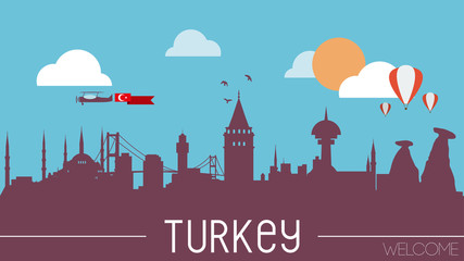 Obraz premium Turkey skyline silhouette flat design vector illustration