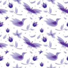 vector seamless pattern abstract flowers, birds