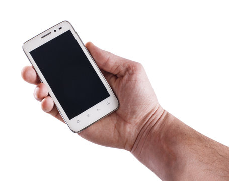 Hand holding blank screen smart phone on white background