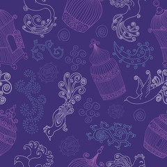 Seamless background with birds, cages and decorations on purple