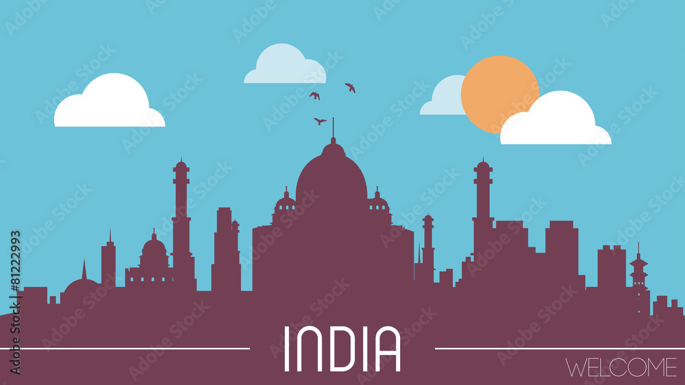 Wall mural India skyline silhouette flat design vector