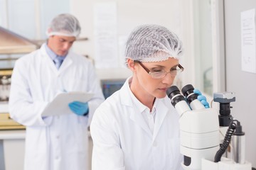 Scientist working attentively with microscope