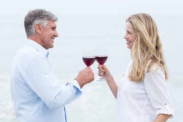 Happy couple smiling at each other and toasting