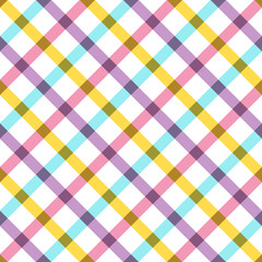 Colorful plaid fabric background with yellow blue and pink.