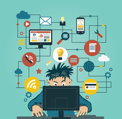 man at a computer surrounded by icons