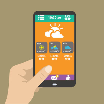 Hand holding smart phone, weather icons for web and mobile