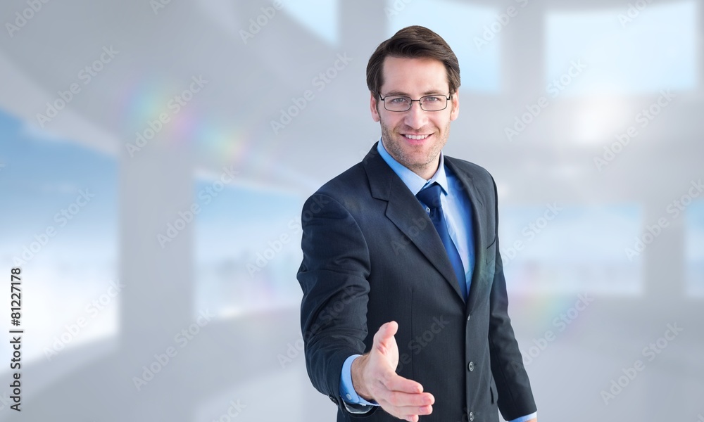 Poster composite image of hand being offered by smiling businessman