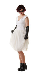 Purple-haired girl posing in gothic outfit