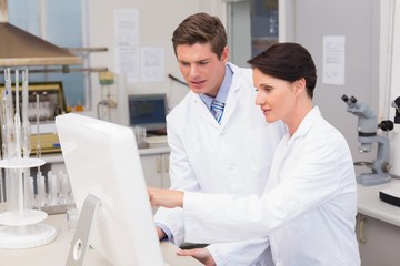 Obraz premium Scientists looking attentively at computer