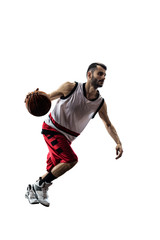 Isolated basketball player in action is flying high