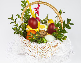 Eggs and food in Easter basket, symbol of resurrection of Jesus