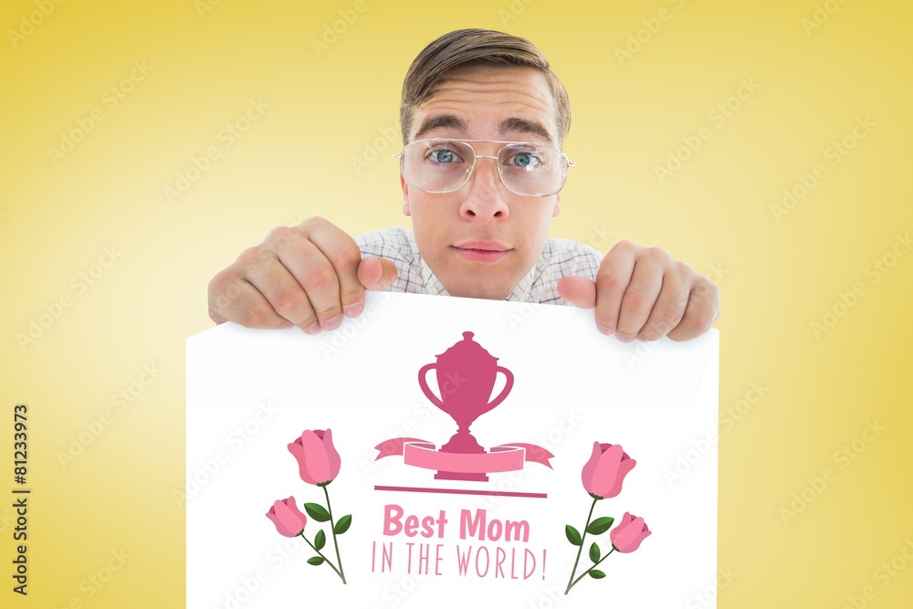 Poster Composite image of geeky hipster smiling and showing card