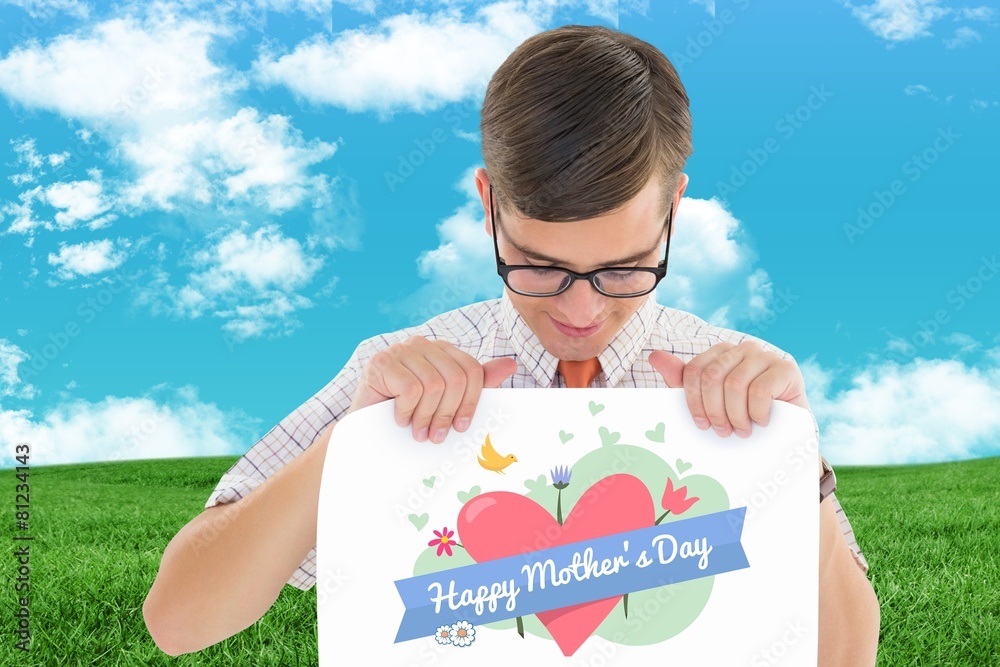 Poster Composite image of geeky hipster smiling and showing card