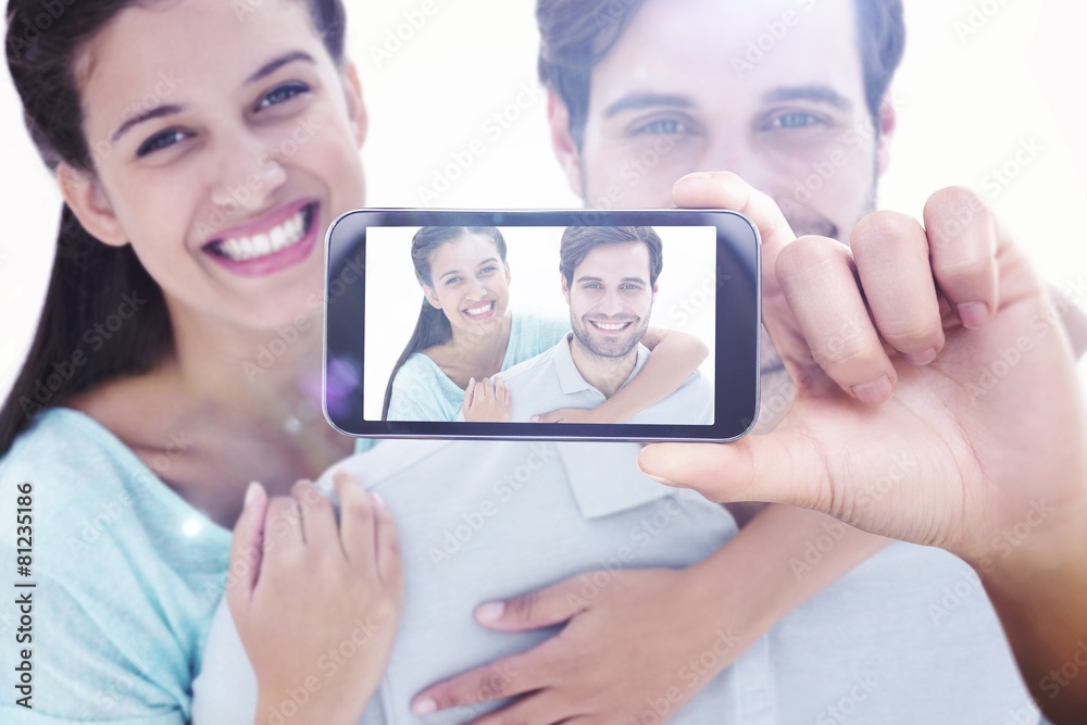 Poster composite image of hand holding smartphone showing