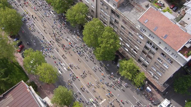 Aerial view of marathon city runners in the streets of Belgrade