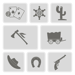 set of monochrome icons with cowboys and wild west theme