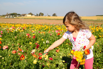 happy kid looking at the field of summer flowers  