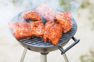 close up of meat on barbecue grill outdoors