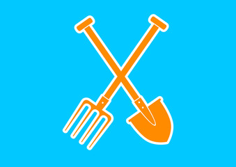 Orange spade and pitchfork on blue background