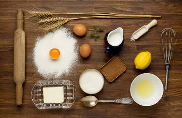 Fototapeta na wymiar Baking cake in rural kitchen - dough recipe ingredients (eggs
