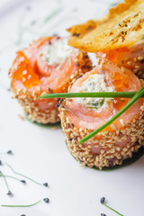 traditional japanese rolls with salmon and philadelphia cheese