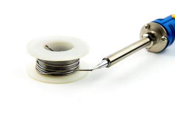 soldering iron soldering wire on white background