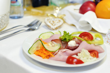 Wedding appetizer of ham and vegetables