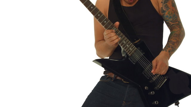 closeup guitarist playing electric guitar on white