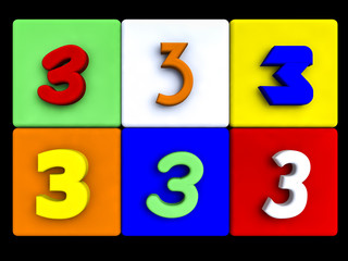 various numbers 3 on colored cubes