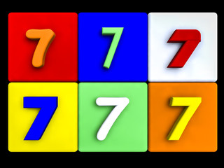 various numbers 7 on colored cubes