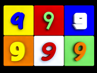 various numbers 9 on colored cubes