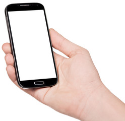 Smartphone in hand isolated on white background