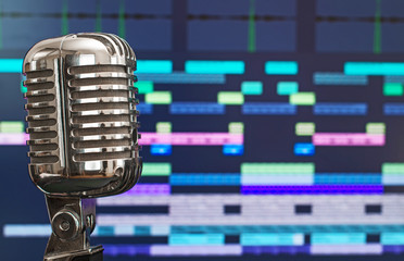 Retro microphone over recording software background.