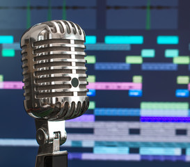 Retro microphone over recording software background.