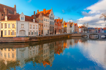 Bruges canal Spiegelrei with beautiful houses, Belgium