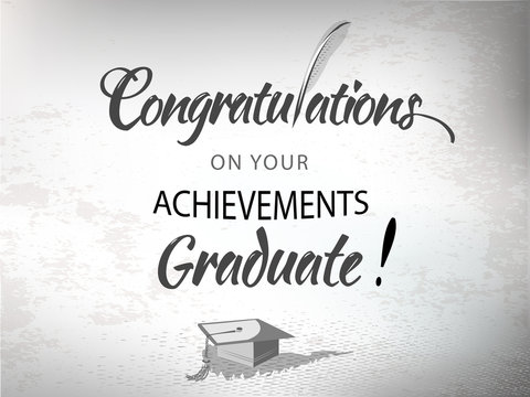 Congratulations text typography with quill pen and mortar.