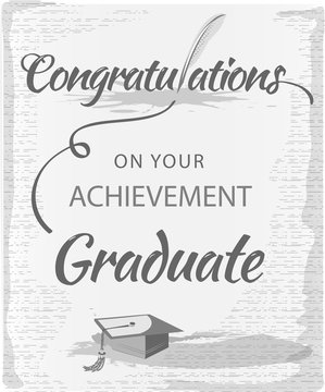 Congratulations text typography with quill pen and mortar.