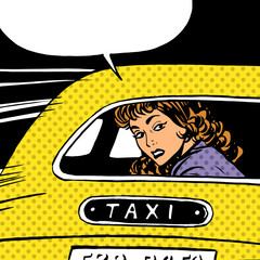 woman goes to taxi looks around separation anxiety love maniac p - obrazy, fototapety, plakaty