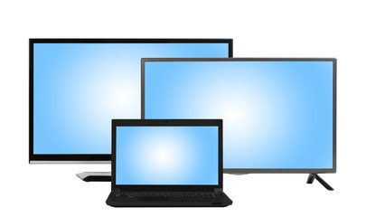 Two modern TV sets and laptop isolated at white background