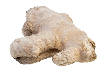 Closeup of a fresh ginger root, isolated on white background