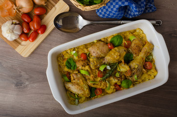 Roasted chicken quarters with curry vegetables